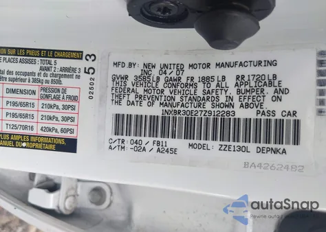 2007 Toyota Corolla Le from USA, damaged, VIN 1NXBR30E27Z912283